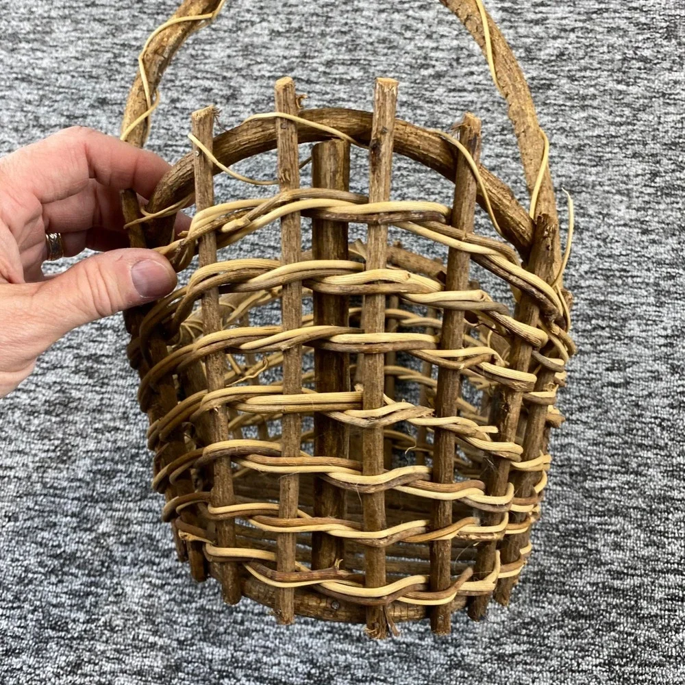 Old Rustic Twig Woven Basket Natural Vine Handle Folk Art Country Decor